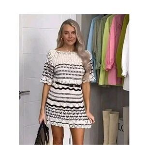 ZARA Crochet Knit Mini Dress Ruffle Sz Small NWT Striped Black White